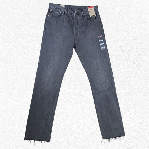 Levi's 501 Washed Black High Waisted Raw Hem Classic Straight Leg Jeans Size 32 - Picture 2 of 11